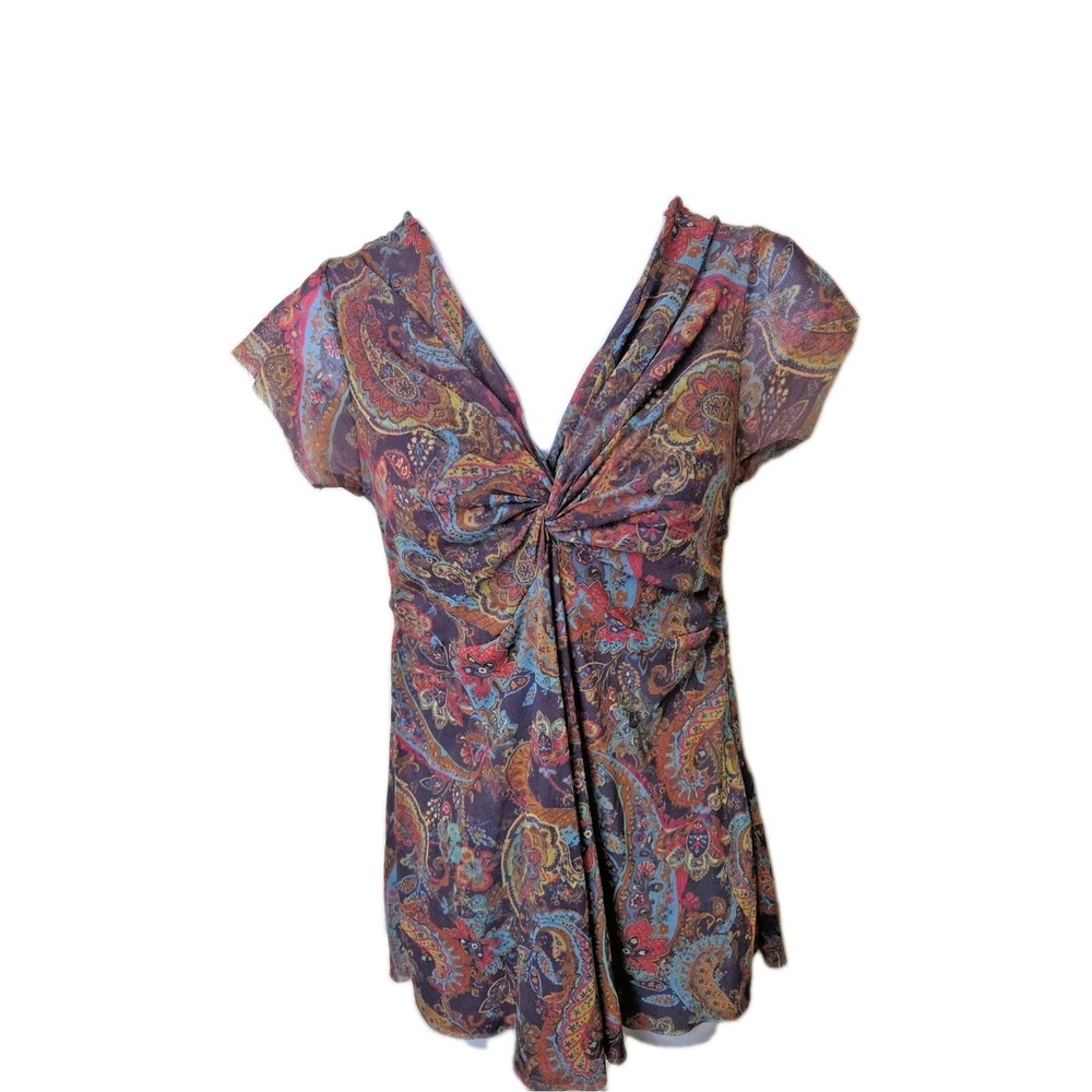 VTG Johnny Heaven Y2K Sheer Mesh Top Fairycore Floral Boho Ruched Twist Blouse L
